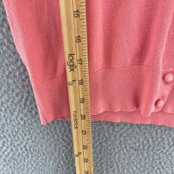 LOFT Sweater Womens Medium Pink Rose Detail Cardigan Short Puff Sleeve Button Up - Picture 7 of 9
